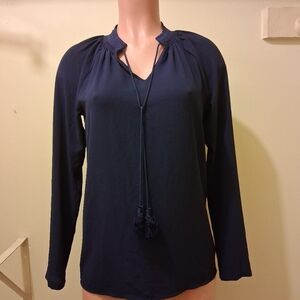 Michael Kors Navy Blue Long Sleeve Tassel Tie Neck Blouse Size XS